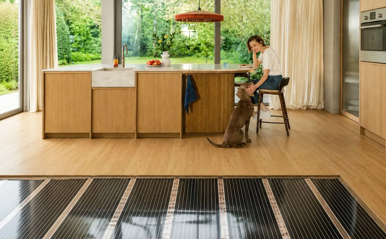 Woman and dog in an Edinburgh kitchen with carbon film underfloor heating exposed beneath the wood floor