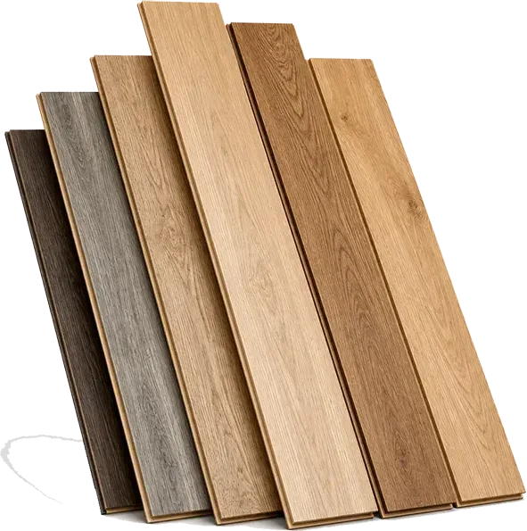 Fanned samples of oak and grey wood flooring planks